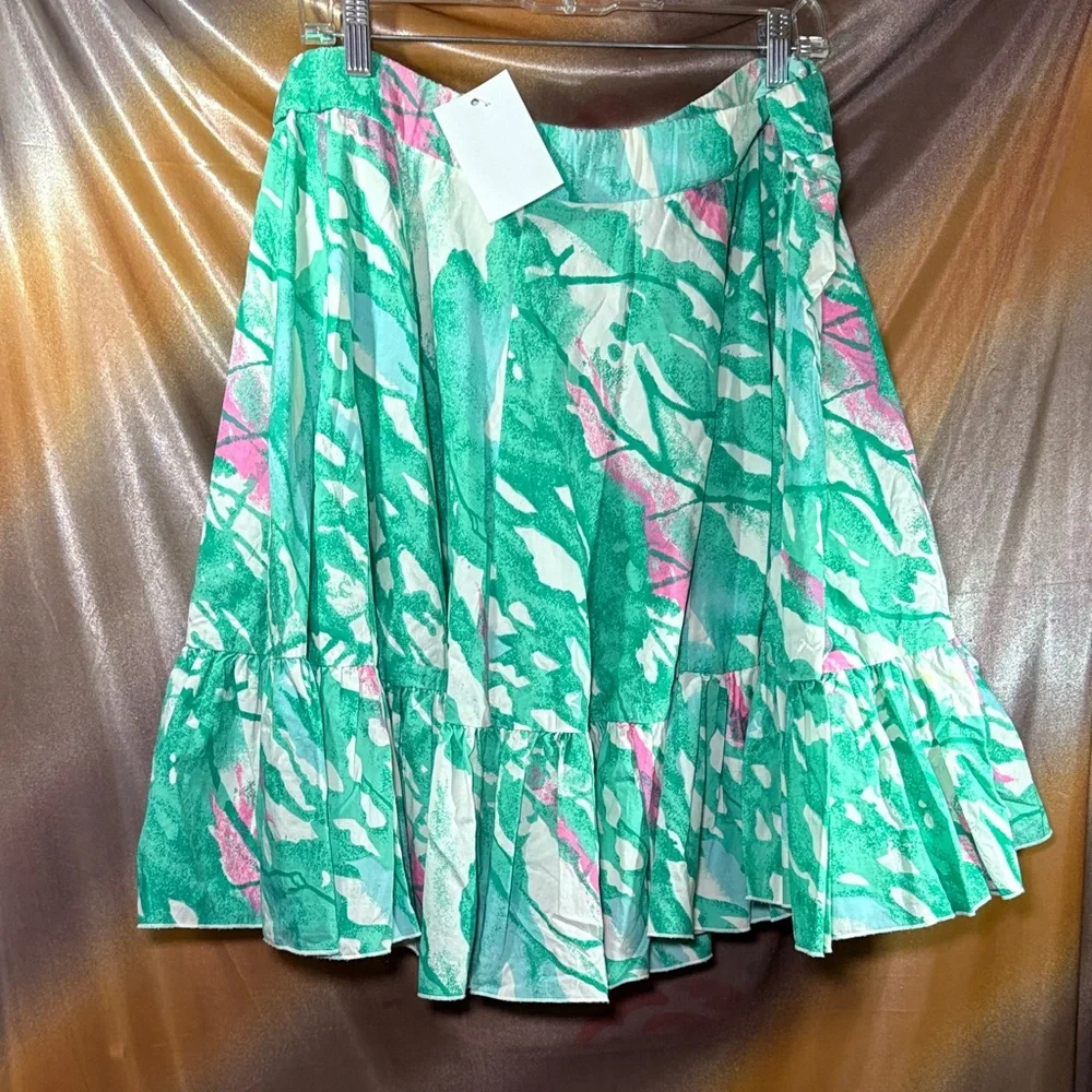 Green Abstract Print‎ Ruffle Hem square dancing circle Skirt. C3